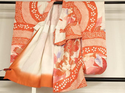 平和屋着物[]七五三　女の子　３歳　祝着　三つ身　絞り　草花文　金彩　正絹　逸品　AABF2332ja