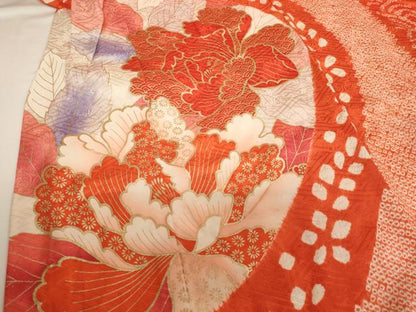 平和屋着物[]七五三　女の子　３歳　祝着　三つ身　絞り　草花文　金彩　正絹　逸品　AABF2332ja