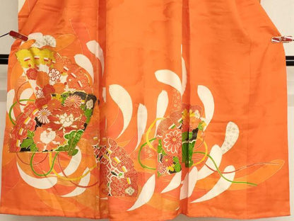 平和屋着物[]七五三　女の子　７歳　祝着　四つ身　袋帯セット　駒刺繍　檜扇花文　金彩　正絹　逸品　AABF2333ja