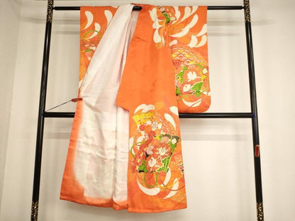 平和屋着物[]七五三　女の子　７歳　祝着　四つ身　袋帯セット　駒刺繍　檜扇花文　金彩　正絹　逸品　AABF2333ja
