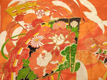 平和屋着物[]七五三　女の子　７歳　祝着　四つ身　袋帯セット　駒刺繍　檜扇花文　金彩　正絹　逸品　AABF2333ja