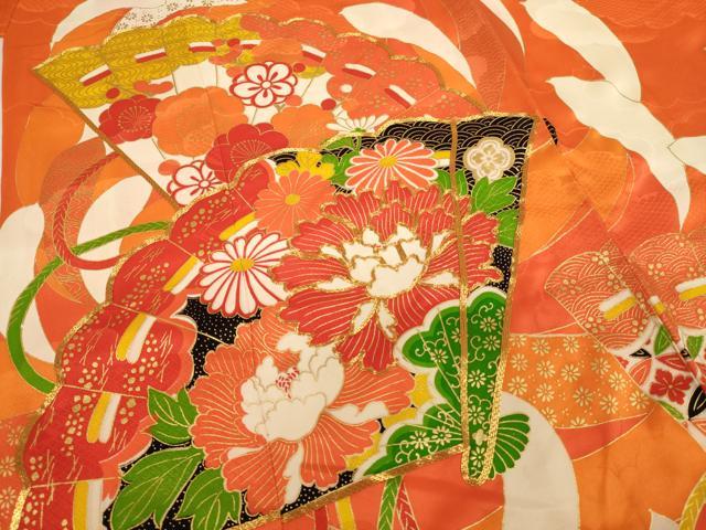 平和屋着物[]七五三　女の子　７歳　祝着　四つ身　袋帯セット　駒刺繍　檜扇花文　金彩　正絹　逸品　AABF2333ja