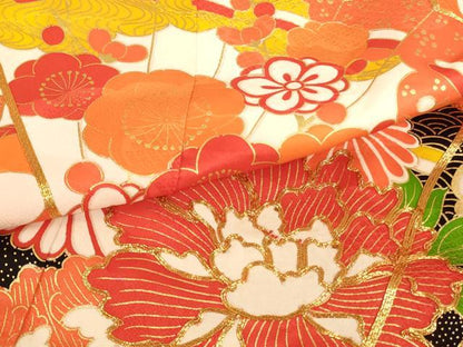 平和屋着物[]七五三　女の子　７歳　祝着　四つ身　袋帯セット　駒刺繍　檜扇花文　金彩　正絹　逸品　AABF2333ja