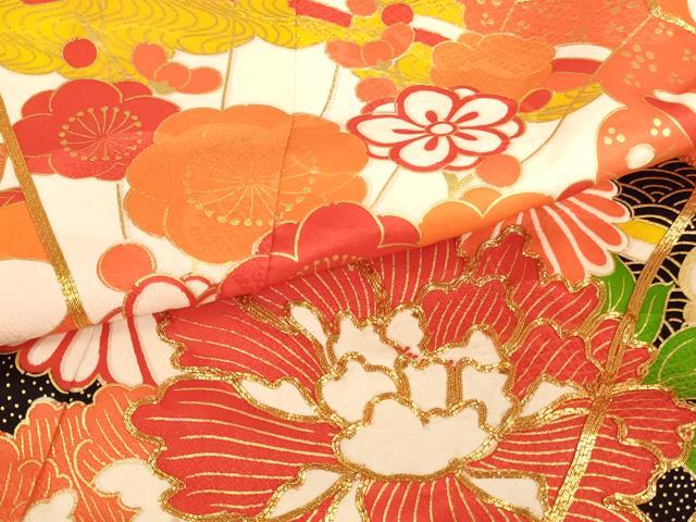 平和屋着物[]七五三　女の子　７歳　祝着　四つ身　袋帯セット　駒刺繍　檜扇花文　金彩　正絹　逸品　AABF2333ja