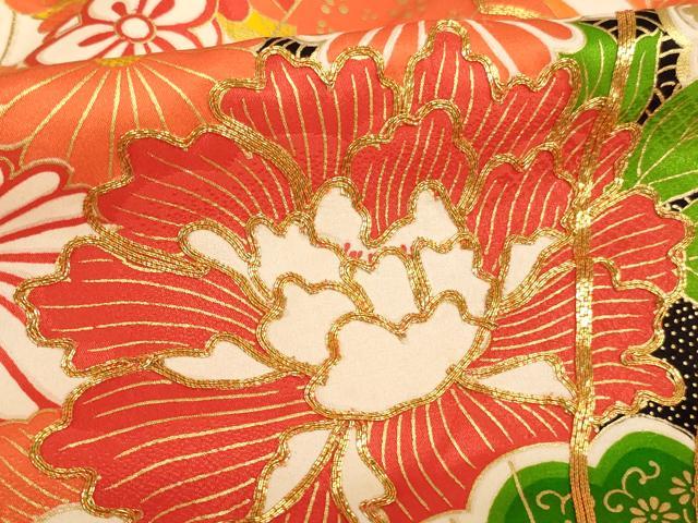 平和屋着物[]七五三　女の子　７歳　祝着　四つ身　袋帯セット　駒刺繍　檜扇花文　金彩　正絹　逸品　AABF2333ja