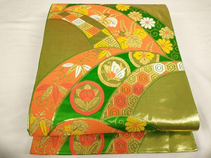 平和屋着物[]七五三　女の子　７歳　祝着　四つ身　袋帯セット　駒刺繍　檜扇花文　金彩　正絹　逸品　AABF2333ja