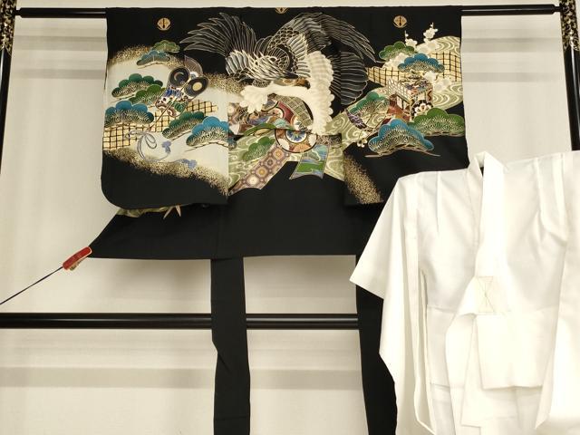 平和屋着物[]七五三　男の子　5歳　一つ身　祝着・長襦袢(袷)セット　鷹　吉祥松文　金彩　逸品　AABF2335ja