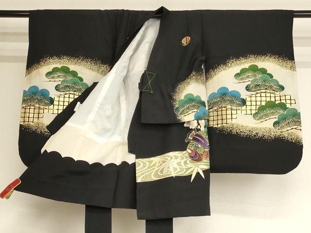 平和屋着物[]七五三　男の子　5歳　一つ身　祝着・長襦袢(袷)セット　鷹　吉祥松文　金彩　逸品　AABF2335ja