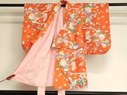 平和屋着物[]七五三　女の子　３歳　祝着　三つ身　流水花車文　洗える着物　AABF2337ja