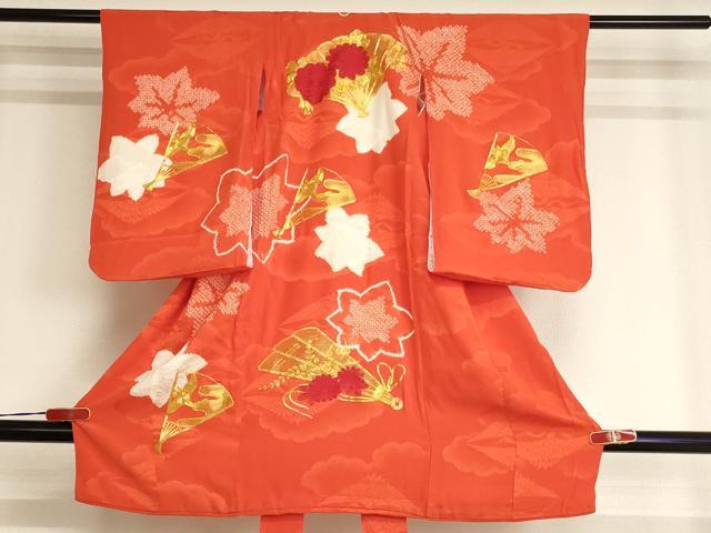 平和屋着物[]七五三　女の子　３歳　祝着　一つ身　駒刺繍　絞り　扇面花文　正絹　逸品　AABF2339ja