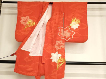 平和屋着物[]七五三　女の子　３歳　祝着　一つ身　駒刺繍　絞り　扇面花文　正絹　逸品　AABF2339ja