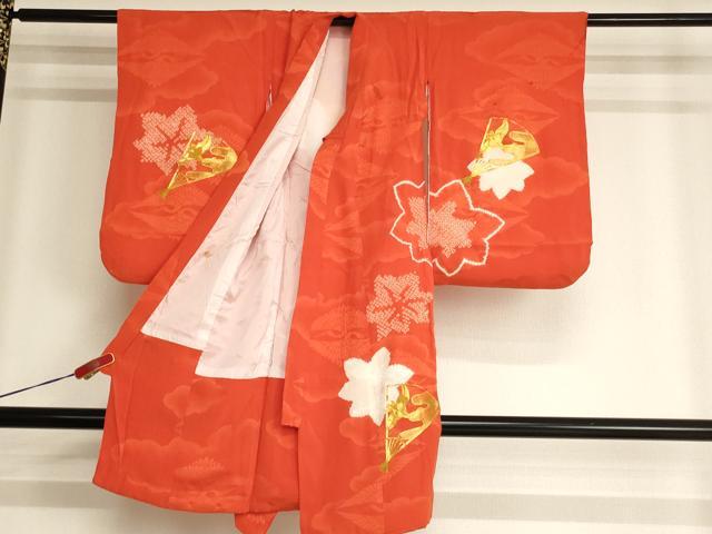 平和屋着物[]七五三　女の子　３歳　祝着　一つ身　駒刺繍　絞り　扇面花文　正絹　逸品　AABF2339ja