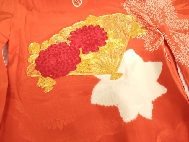 平和屋着物[]七五三　女の子　３歳　祝着　一つ身　駒刺繍　絞り　扇面花文　正絹　逸品　AABF2339ja