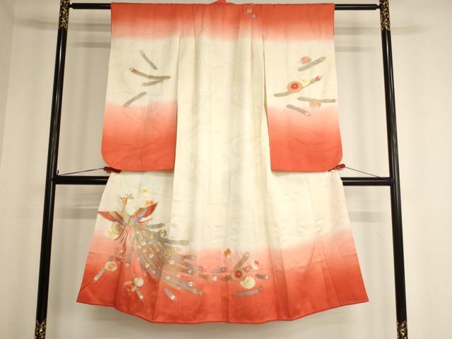 平和屋着物[]七五三　女の子　７歳　祝着　四つ身　オンワード　総刺繍　孔雀花文　暈し染め　金銀糸　正絹　逸品　AABF2341ja