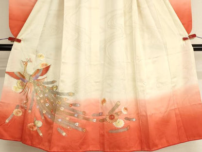 平和屋着物[]七五三　女の子　７歳　祝着　四つ身　オンワード　総刺繍　孔雀花文　暈し染め　金銀糸　正絹　逸品　AABF2341ja