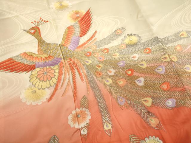 平和屋着物[]七五三　女の子　７歳　祝着　四つ身　オンワード　総刺繍　孔雀花文　暈し染め　金銀糸　正絹　逸品　AABF2341ja