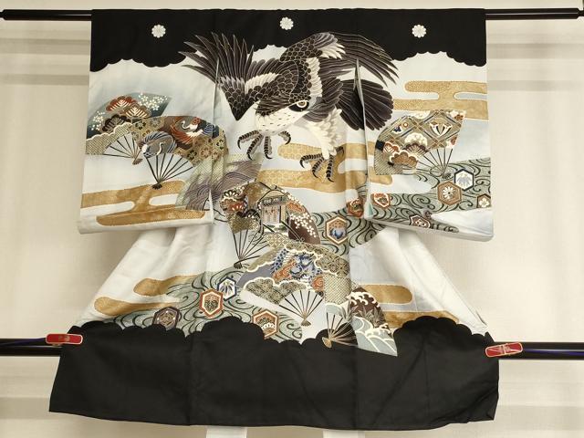 平和屋着物[]お宮参り　男の子　祝着　産着　初着　のしめ　鷹　扇面吉祥文　暈し染め　金彩　逸品　AABF2344ja