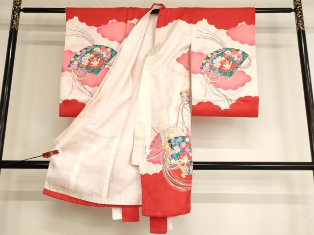 平和屋着物[]お宮参り　女の子　祝着　産着　初着　のしめ　檜扇花車舞鳥文　暈し染め　金彩　逸品　AABF2345ja