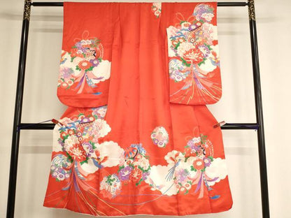 平和屋着物[]七五三　女の子　７歳　祝着　四つ身　尾長鳥花文　金彩　AABF2346ja