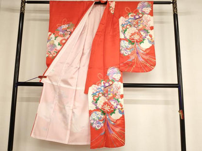 平和屋着物[]七五三　女の子　７歳　祝着　四つ身　尾長鳥花文　金彩　AABF2346ja