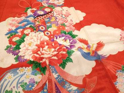 平和屋着物[]七五三　女の子　７歳　祝着　四つ身　尾長鳥花文　金彩　AABF2346ja