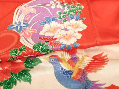 平和屋着物[]七五三　女の子　７歳　祝着　四つ身　尾長鳥花文　金彩　AABF2346ja