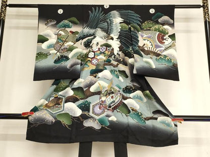 平和屋着物[]お宮参り　男の子　祝着　産着　初着　のしめ　鷹　吉祥松文　暈し染め　金彩　正絹　逸品　AABF2348ja