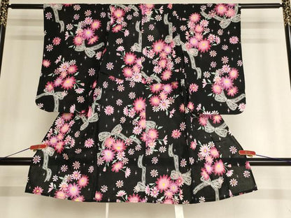 平和屋着物＊夏物 浴衣 子供 女の子 リボン 舞花文 ラメ 黒地 綿 逸品 AABF2349ja
