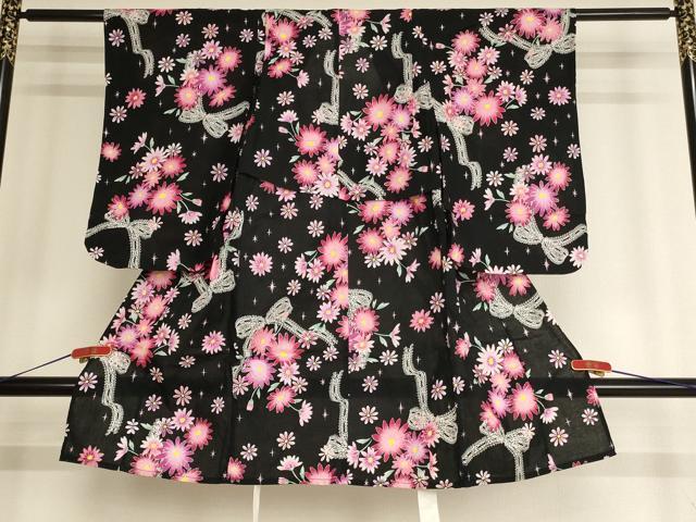 平和屋着物＊夏物 浴衣 子供 女の子 リボン 舞花文 ラメ 黒地 綿 逸品 AABF2349ja