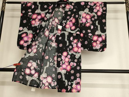 平和屋着物＊夏物 浴衣 子供 女の子 リボン 舞花文 ラメ 黒地 綿 逸品 AABF2349ja
