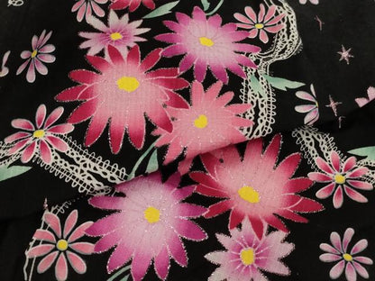 平和屋着物＊夏物 浴衣 子供 女の子 リボン 舞花文 ラメ 黒地 綿 逸品 AABF2349ja