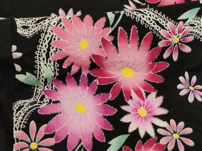 平和屋着物＊夏物 浴衣 子供 女の子 リボン 舞花文 ラメ 黒地 綿 逸品 AABF2349ja