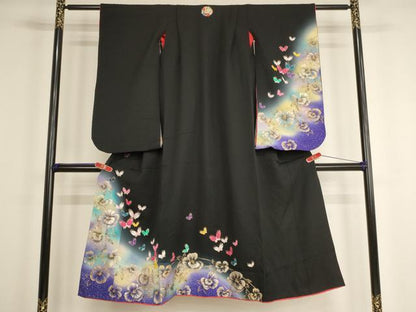 平和屋着物[]七五三　女の子　７歳　祝着　四つ身　半襦袢セット　花蝶文　暈し染め　黒地　金銀彩　逸品　AABF2369ja
