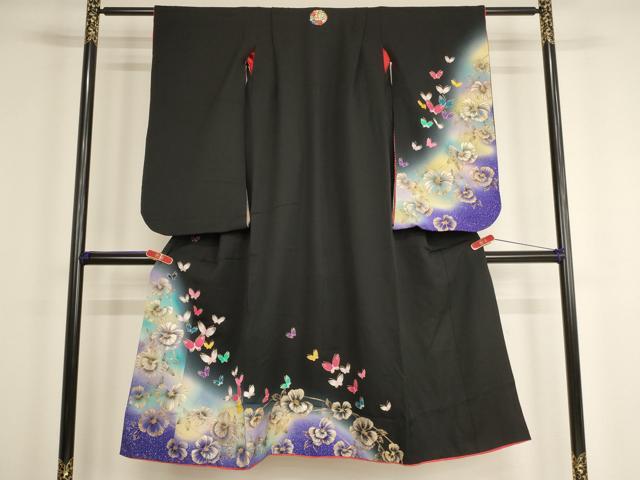 平和屋着物[]七五三　女の子　７歳　祝着　四つ身　半襦袢セット　花蝶文　暈し染め　黒地　金銀彩　逸品　AABF2369ja