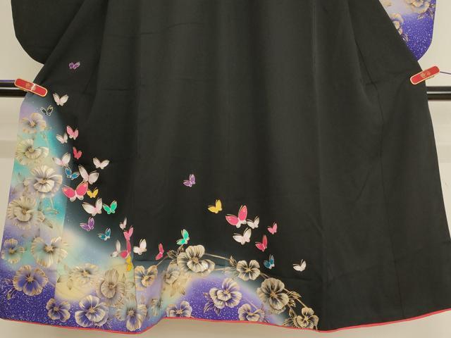 平和屋着物[]七五三　女の子　７歳　祝着　四つ身　半襦袢セット　花蝶文　暈し染め　黒地　金銀彩　逸品　AABF2369ja