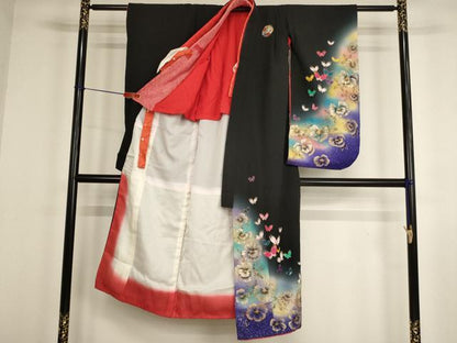 平和屋着物[]七五三　女の子　７歳　祝着　四つ身　半襦袢セット　花蝶文　暈し染め　黒地　金銀彩　逸品　AABF2369ja