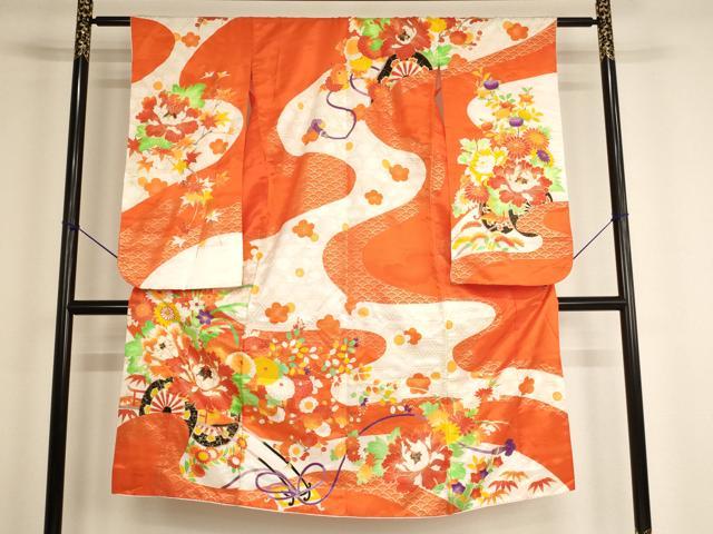 平和屋着物[]七五三　女の子　７歳　祝着　四つ身　駒刺繍　花車文　金彩　AABF2372ja