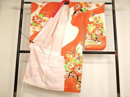 平和屋着物[]七五三　女の子　７歳　祝着　四つ身　駒刺繍　花車文　金彩　AABF2372ja