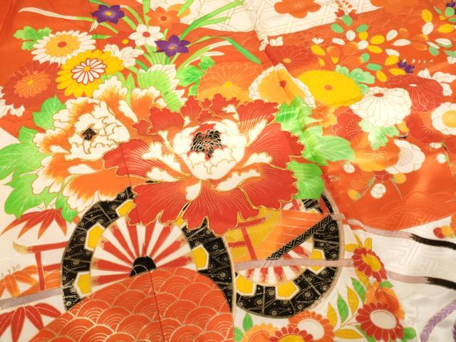 平和屋着物[]七五三　女の子　７歳　祝着　四つ身　駒刺繍　花車文　金彩　AABF2372ja