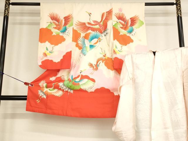 平和屋着物[]七五三　女の子　３歳　祝着　一つ身　長襦袢セット　駒刺繍　飛鶴文　金彩　逸品　AABF2375ja
