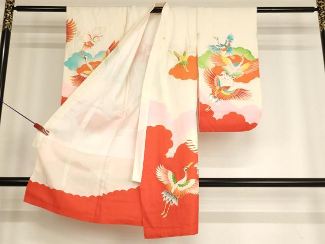 平和屋着物[]七五三　女の子　３歳　祝着　一つ身　長襦袢セット　駒刺繍　飛鶴文　金彩　逸品　AABF2375ja