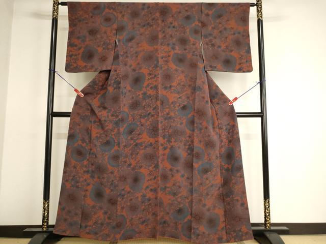 平和屋着物■上質な小紋 型染め 草花文 鬼しぼ縮緬 正絹 逸品 AABF2422ja