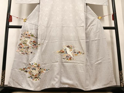 平和屋着物■豪華色留袖 刺繍 松皮菱群鶴草花文 金銀糸 正絹 逸品 AABF2512ph