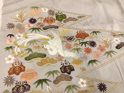 平和屋着物■豪華色留袖 刺繍 松皮菱群鶴草花文 金銀糸 正絹 逸品 AABF2512ph