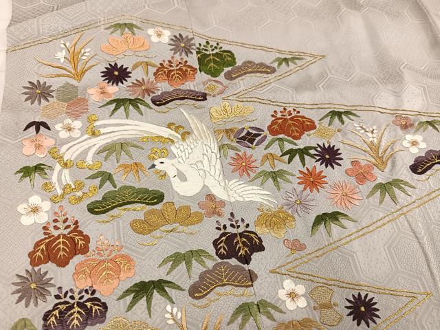 平和屋着物■豪華色留袖 刺繍 松皮菱群鶴草花文 金銀糸 正絹 逸品 AABF2512ph