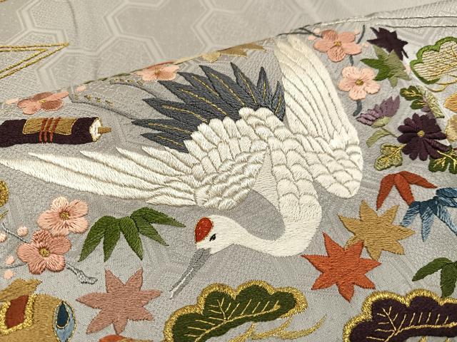 平和屋着物■豪華色留袖 刺繍 松皮菱群鶴草花文 金銀糸 正絹 逸品 AABF2512ph