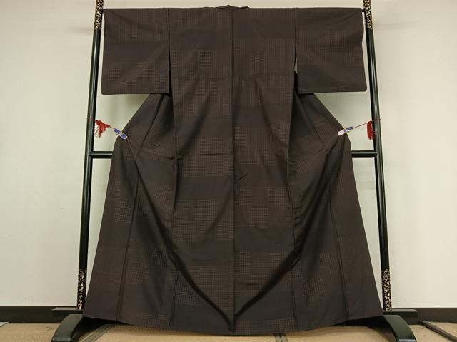 平和屋着物▽上質な紬　単衣　横段文　正絹　逸品　AABK0390ck