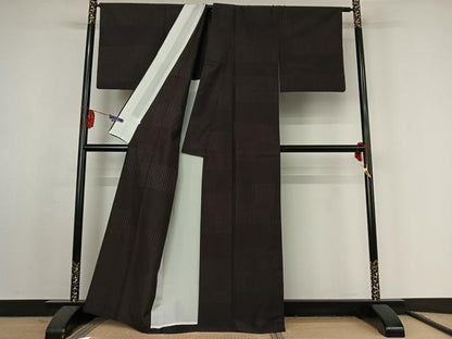 平和屋着物▽上質な紬　単衣　横段文　正絹　逸品　AABK0390ck