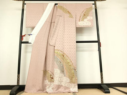 平和屋着物▽訪問着 単衣 絞り 流水花文 金彩 正絹 逸品 AABF2522jh