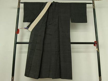 平和屋着物▽上質な紬 単衣 蚊絣 黒地 正絹 逸品 AABF2523jh